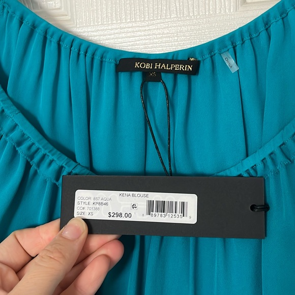 NWT $298 Kobi Halperin Green 3/4 Sleeve  silk Blouse size XS - Picture 7 of 11